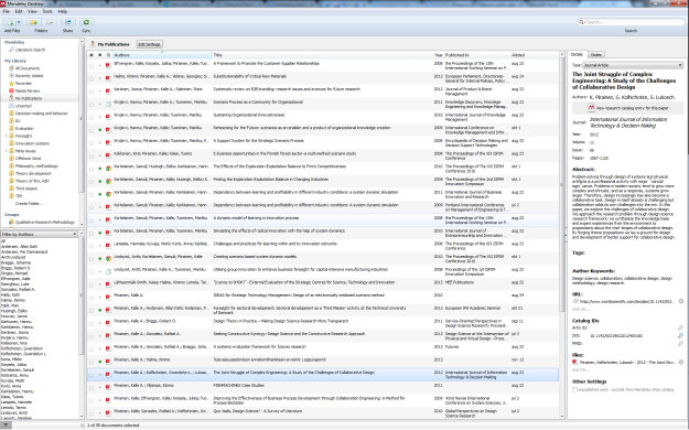 Screenshot from Mendeley Desktop: Library tree and filters on the left, list of the documents in the center and publication details on the right. 